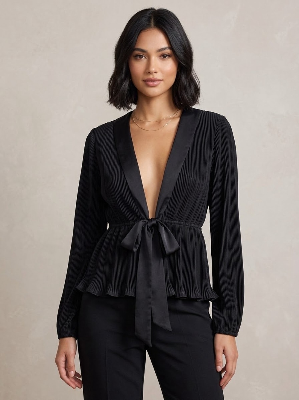 Lulus Black Pleated Top Long Sleeve Deep V Tie-Front Peplum Blouse Womens S